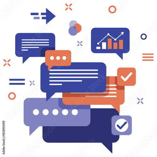 Colorful chat bubbles with graphs and checkmarks indicating communication and statistics
