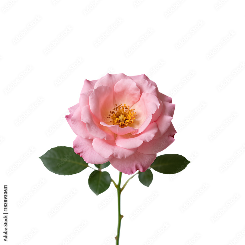 Fototapeta premium Pink Rose with Green Leaves and Yellow Center