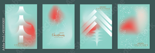 Christmas and Happy New Year vector illustration with soft gradient colors, festive ornaments, trees and holiday elements — elegant design for cards, posters and prints.