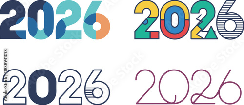 A set of four distinct "2026" year designs, featuring creative styles such as layered translucent colors, a vibrant geometric pattern, a dark outline with integrated patterns, and a thin, elegant line
