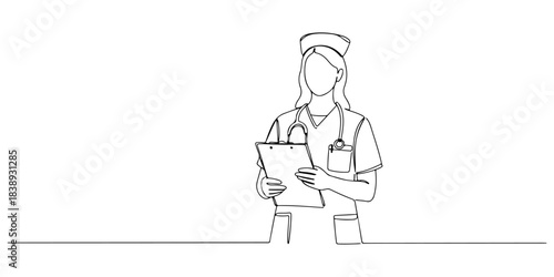 Continuous one line of a nurse with clipboard, representing compassion, service, and health, hand drawn vector illustration.