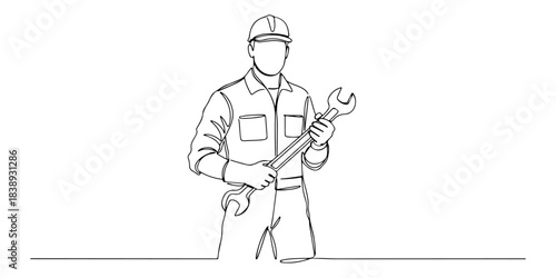 Continuous one line of a mechanic with wrench, representing repair, skill, and craft, hand drawn vector illustration.