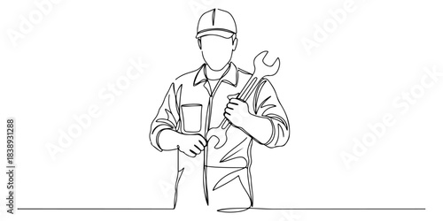 Continuous one line of a mechanic with wrench, representing repair, skill, and craft, hand drawn vector illustration.