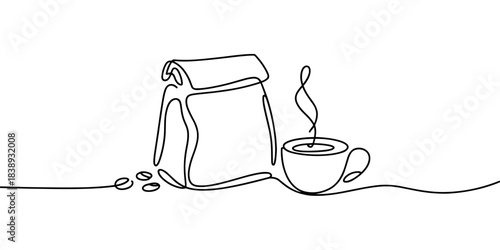 a steaming coffee cup, coffee beans, and a package, symbolizing brewing, aroma, and café culture.