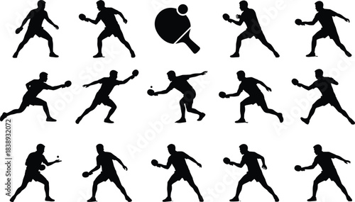 Vector Collection of Black Ping Pong Player Silhouettes in Various Dynamic Serving and Hitting Poses, Plus a Table Tennis Racket Icon