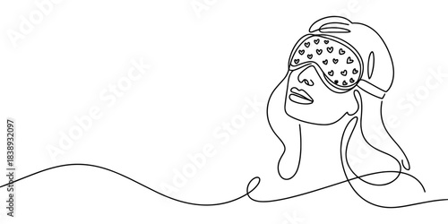 a woman wearing a decorated sleep mask, expressing relaxation, rest, comfort, and calm in a modern artistic