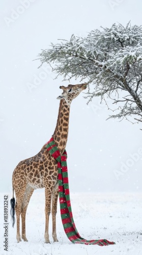 Giraffe in Winter Scarf Eating Leaves - A giraffe with a red and green scarf standing in the snow, eating leaves from a tree. Festive and whimsical scene