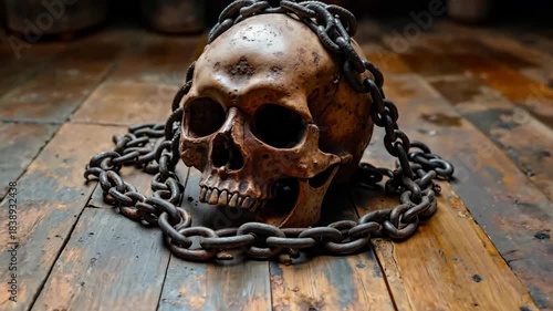 A skull with a chain around it on a wooden table