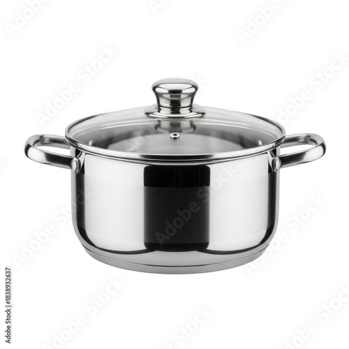 Stainless steel cooking pot with glass lid, isolated on transparent background