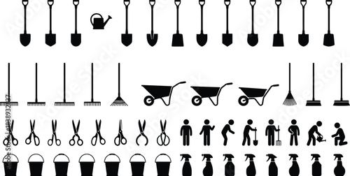 Comprehensive Vector Set of Black Silhouettes Featuring Gardening Tools, Wheelbarrows, Buckets, and People Working in the Yard and Garden