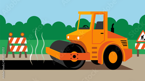 Road construction vehicle operating on pavement in sunny outdoor setting  