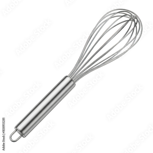 Silver wire whisk, a common kitchen tool for culinary preparation, isolated on transparent background