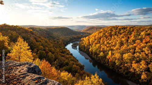 Scenic aerial view of a river winding through a valley covered in vibrant autumn foliage under a bright sky