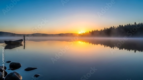 Serene dawn over placid lake, solitary rowboat moored amidst morning mist, vibrant sunrise paints sky and reflects on water's surface, tranquil forest silhouette completes picturesque scene
