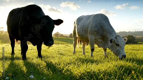 Two cows grazing peacefully on a sunny green pasture during golden hour, agricultural landscape