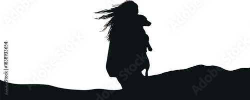 Minimalist Black Silhouette of a Woman and Small Dog Standing Together on a Hill or Horizon, with Long Hair Blowing in the Wind