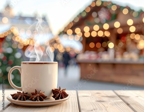 Steaming mug of hot drink with star anise on a wooden table at a festive Christmas market.