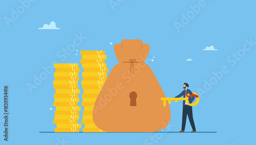 Success businessman finance advisor holding golden key for money bag with keyhole and gold money coins stack. Financial key success, safe haven for investment or wealth manager to manage money.