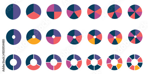 Set of colorful pie charts. Colorful pie charts with varying segments. Circle section graph. Pie chart set. Pie charts diagrams. Different color circles. donut and pie chart infographic elements set. 