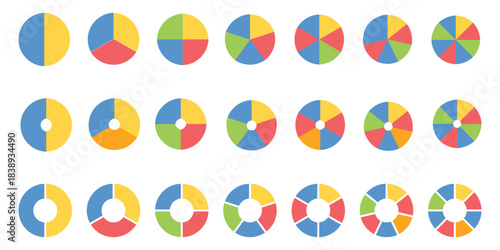 Set of colorful pie charts. Colorful pie charts with varying segments. Circle section graph. Pie chart set. Pie charts diagrams. Different color circles. donut and pie chart infographic elements set. 