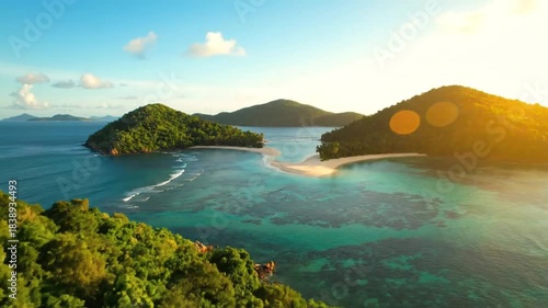 Scenic aerial view of tropical island paradise with sandy beaches and turquoise waters under blue sky