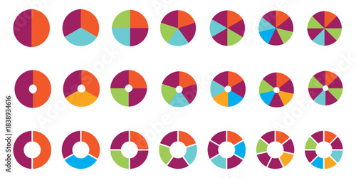 Set of colorful pie charts. Colorful pie charts with varying segments. Circle section graph. Pie chart set. Pie charts diagrams. Different color circles. donut and pie chart infographic elements set. 