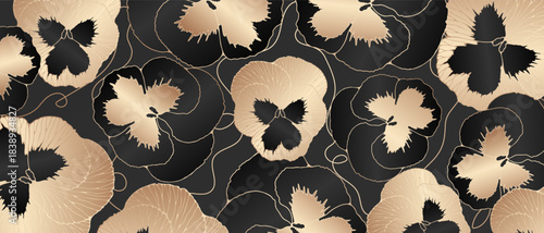 Black and gold luxury flower pansy vector abstract design. Great for wall decoration, wallpaper, cover art or greeting cards.