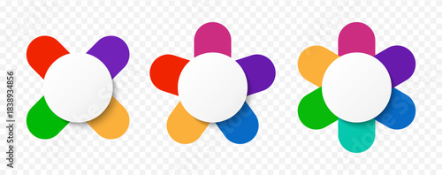 Set of vector pie charts with multicolored elements or parts isolated on transparent background.