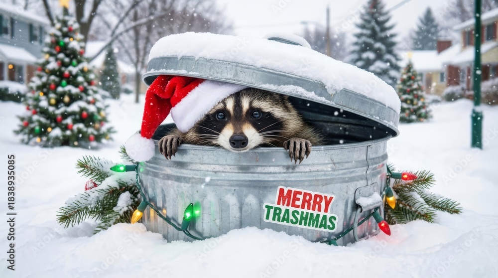 Fototapeta premium Raccoon Celebrates Winter Holiday in Trash Can - A raccoon wearing a red Santa hat peeks out of a snow covered trash can with lights and a Merry Trashmas sticker in a winter wonderland