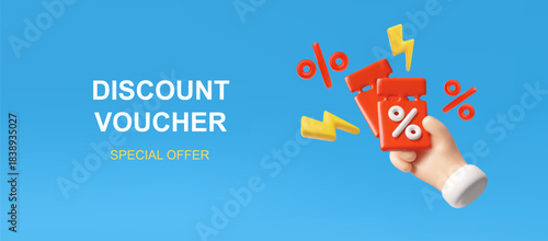 3D discount vouchers with percentage sign in hand, Black Friday, sale special offer, marketing vector banner design