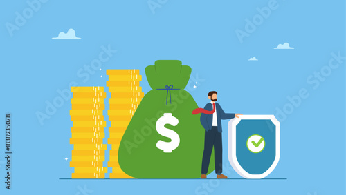Businessman expert with strong shield to protect money coins stack. Wealth protection, investment asset allocation portfolio in volatility market or saving guard in financial and economic crisis.
