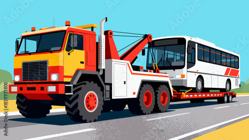 Tow truck transporting a broken bus on highway, concept of road transport  