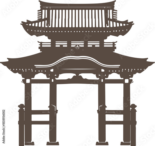 Antique wooden bench silhouette in a Japanese garden gate vector illustration for interior furniture design