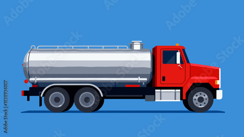 Red fuel truck in side view on blue background - Concept of road freight transportation and special vehicles  