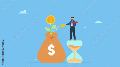 Smart businessman investor standing on sandglass watering growing sprout from money bag. Saving and investment account, prosperity, growth earning from compound interest in long term investing.