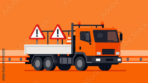 Orange construction truck with warning signs on a vibrant background - Concept of road, special equipment  