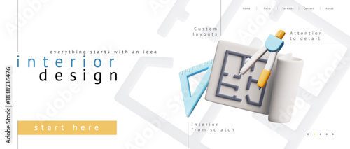 3D interior design website page with a blueprint, ruler, and compass.