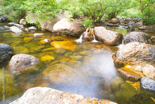 Clear mountain stream flowing over smooth sunlit river rocks.