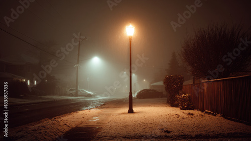 Single lamppost glowing in misty snowfall on a quiet residential street at night creating a moody and peaceful winter atmosphere
