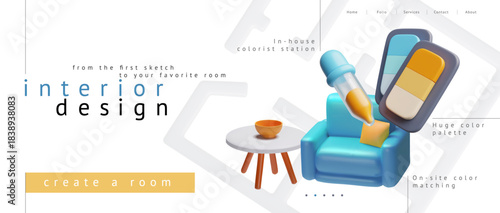 Interior design website page, color palette and furniture selection stage.