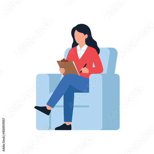 Woman psychologist sitting on a chair, holding a clipboard and taking notes. Flat vector illustration for therapy, mental health, and counseling concepts