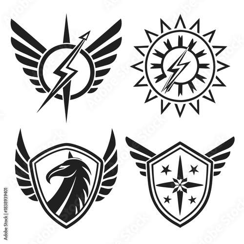 Black and white emblem designs: lightning, wings, griffin.


