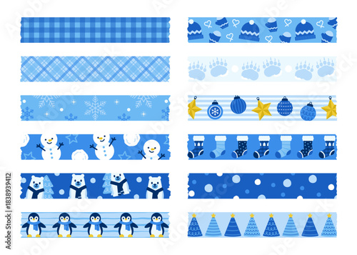 Set of blue and white winter tape patterns featuring plaid, snowflakes, animals, and festive icons. Perfect for Christmas packaging, digital scrapbooking, stickers, and craft designs.