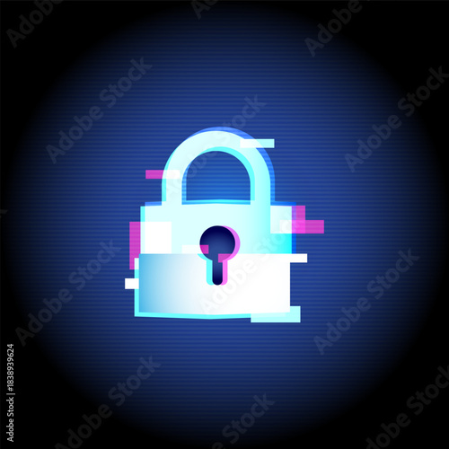 Cybersecurity lock neon glitch icon