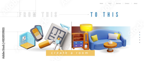Furniture interior design, Create a room landing page 3D vector, home or office interior creative developer service