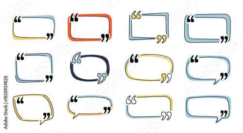 Collection of various hand-drawn speech bubbles and quote boxes with different shapes and colors.