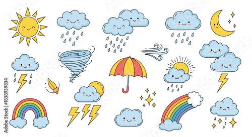 Collection of cute cartoon weather icons with friendly faces and bright colors.