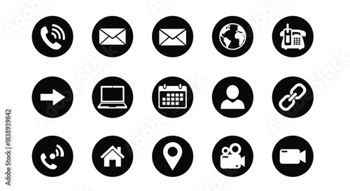 A collection of fifteen black circular icons featuring white contact and communication symbols arranged in three rows.