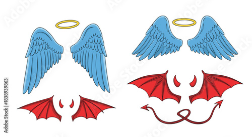 Collection of angel and devil wings with halos and horns, isolated on white.