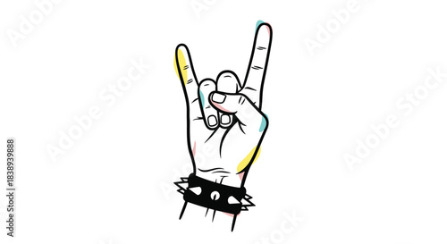 Hand making the rock and roll sign with a studded wristband.
